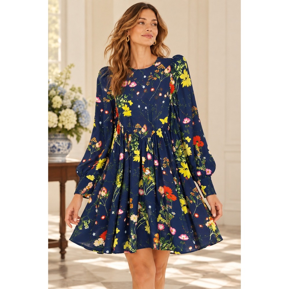 Tuckernuck Pomander Place Spencer Navy Wildflower Long Sleeve Mini Dress - XS